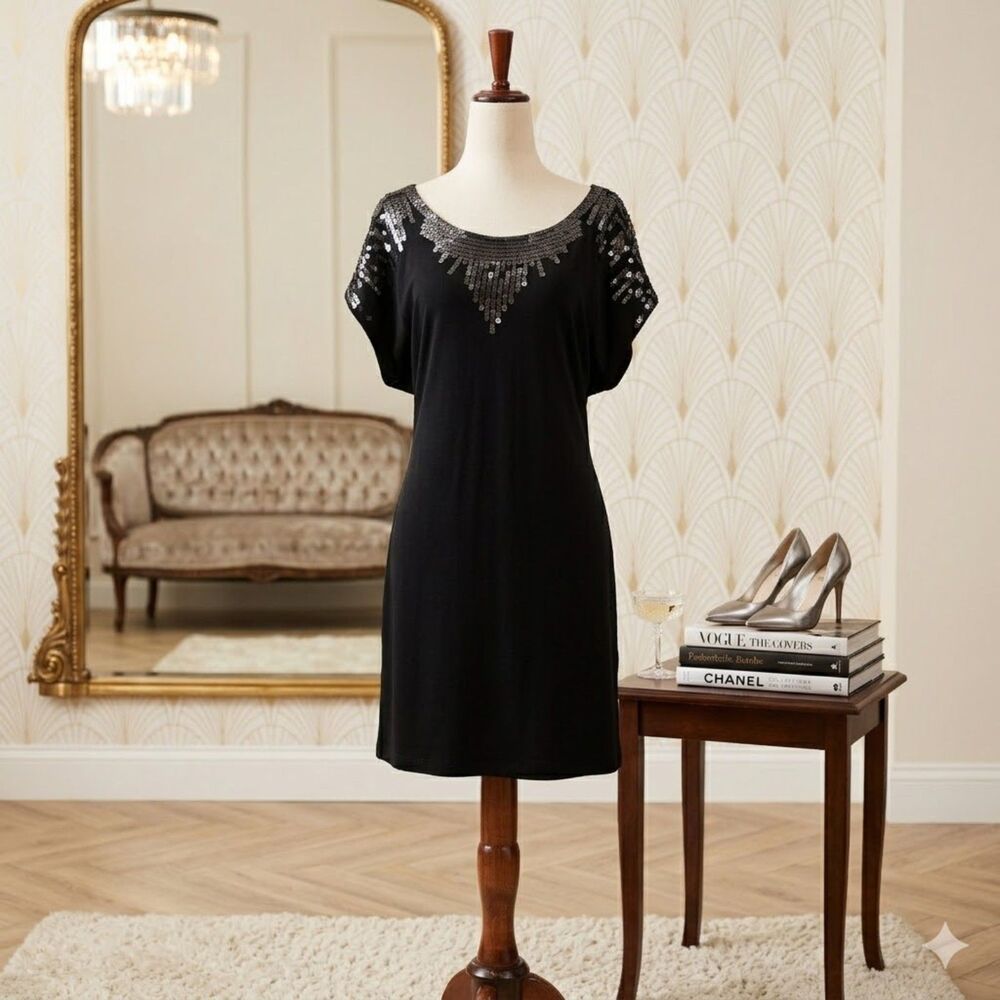 ELLE Black Sequin Embellished Tunic Top Dress Size Medium